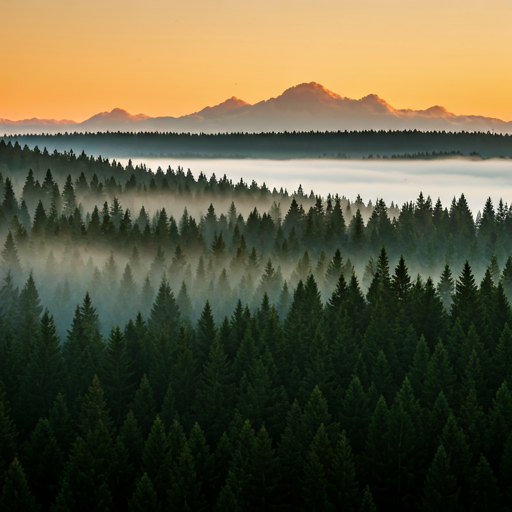 Nebel steigt aus einem dichten Wald bei Sonnenaufgang