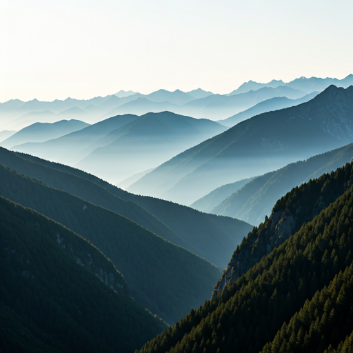 Distant mountain peaks shrouded in soft morning fog, minimalist composition