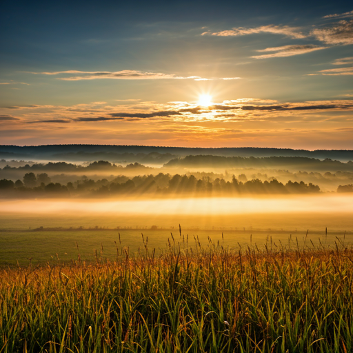 Vast panoramic view of a sunrise over a mist-covered field, golden light piercing through soft clouds