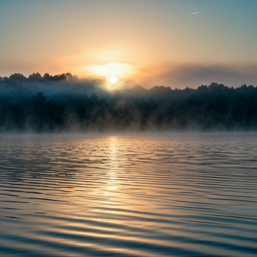 Tranquil lake reflecting the first light of dawn, soft mist rising from the water