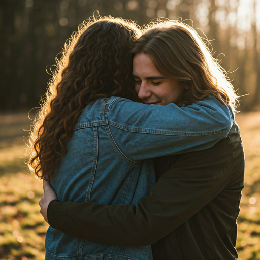 Warm embrace between two friends in soft natural light, symbolizing connection and empathy